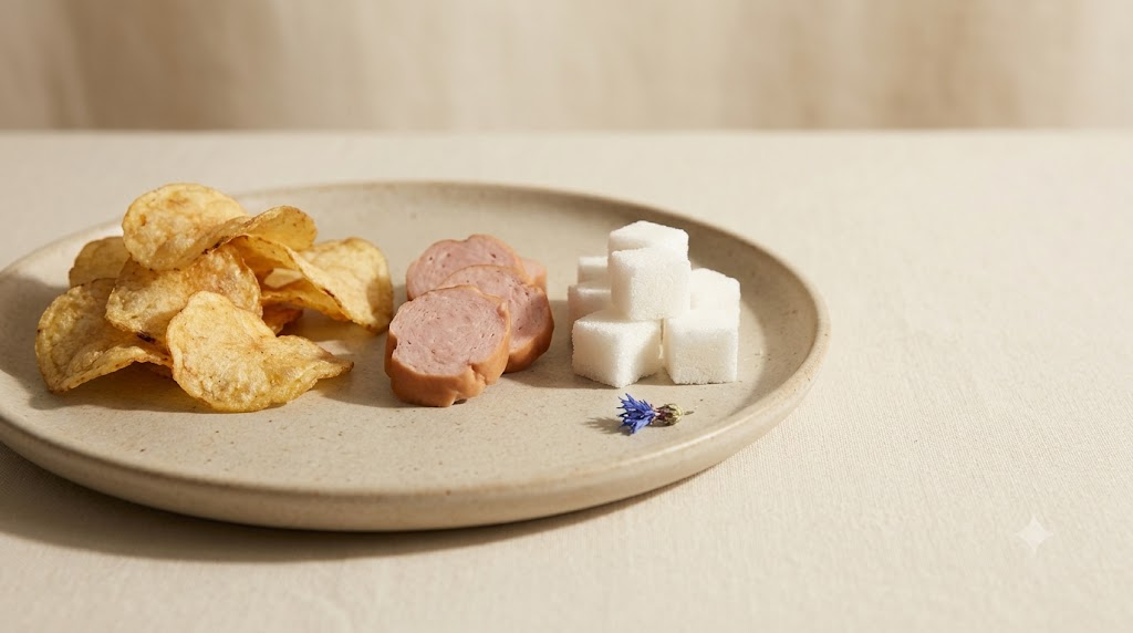 A still life photograph of fried potato crisps, slices of processed sausage and sugar cubes on a plain surface.