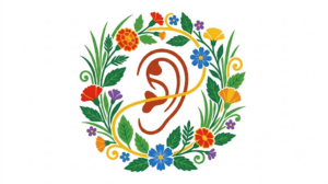 A flat folk-art vector illustration of a human ear encircled by a wreath of stylised flowers, leaves and a golden vine on a white background.