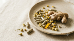 Overhead flat lay of loose capsules, dried chamomile flowers and a sprig of ginger root.