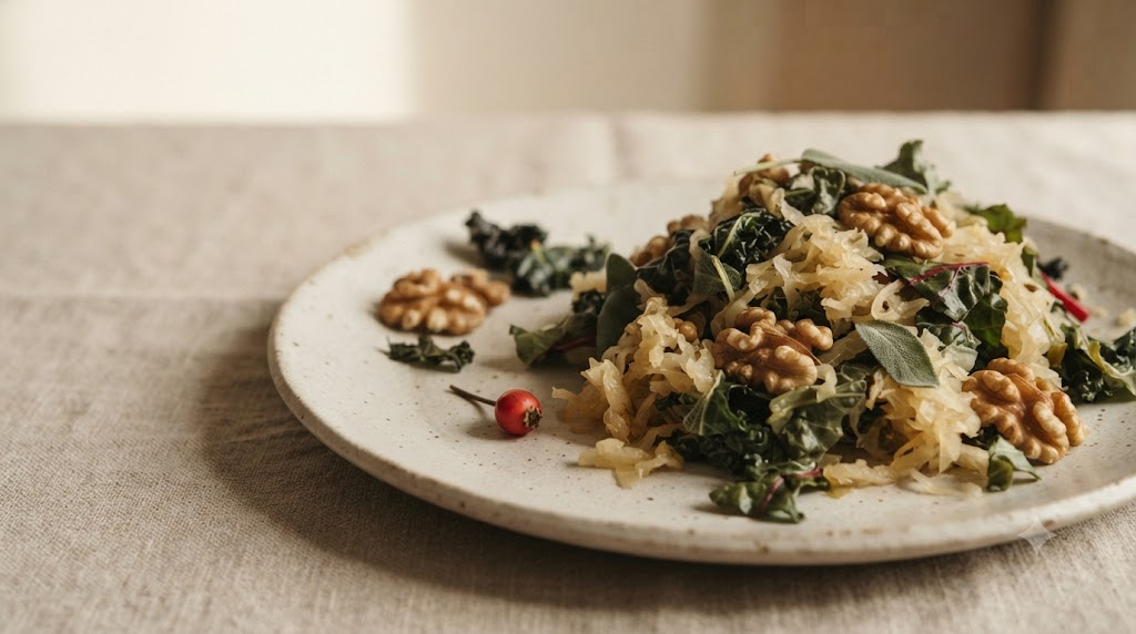 Close still life of a heap of sauerkraut with shelled walnuts and dark leafy greens behind it on an unglazed ceramic plate.
