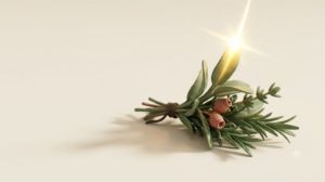 Matte clay herb sprigs with a single bright golden light filament threading through the stems
