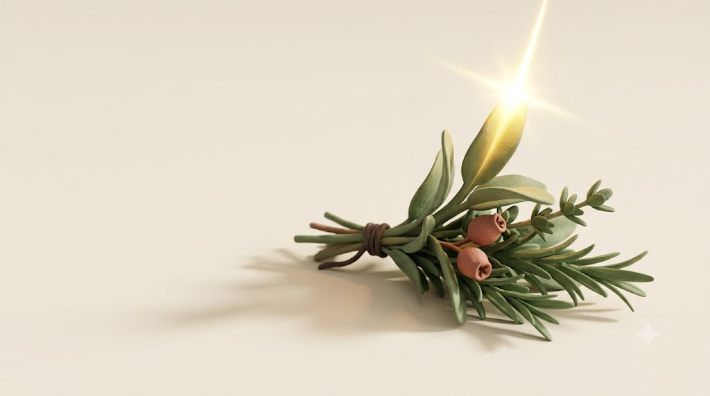Matte clay herb sprigs with a single bright golden light filament threading through the stems