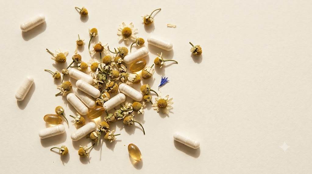 Overhead flat lay of magnesium capsules, dried chamomile flowers and omega oil softgels.