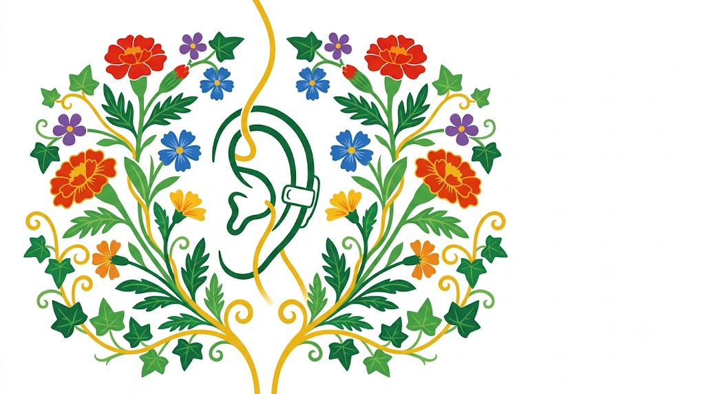 Flat vector folk-art illustration of a human ear wearing a small clip-on tVNS earpiece, flanked by mirrored sprays of marigolds and trailing ivy on a white background.
