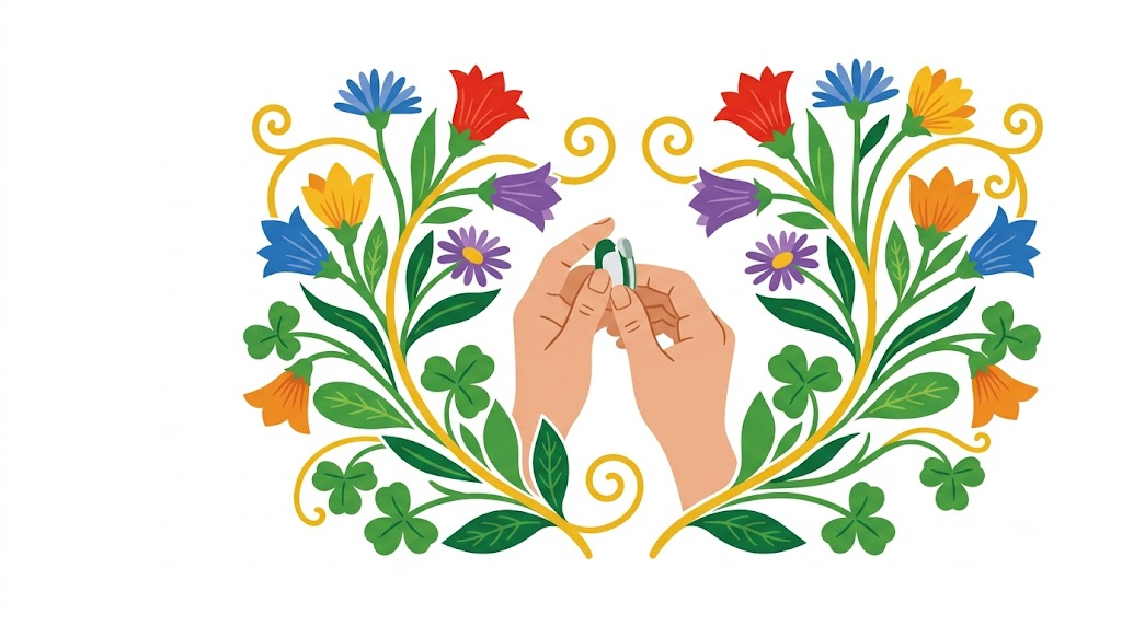 Flat vector folk-art illustration of a pair of hands holding a small tVNS ear-clip stimulator, framed by mirrored sprays of bellflowers, asters and clover leaves on a white background.