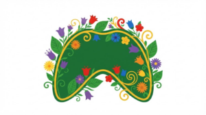 Flat vector illustration of a human diaphragm with small clusters of stylised bellflowers and asters tucked along its outline.