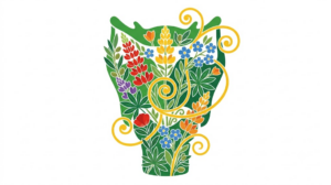 A flat folk-art vector illustration of a human larynx filled edge to edge with lupins and forget me nots.