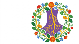 A flat folk-art vector illustration of the vagus nerve running down the side of the neck, encircled by a wreath of stylised flowers and leaves.
