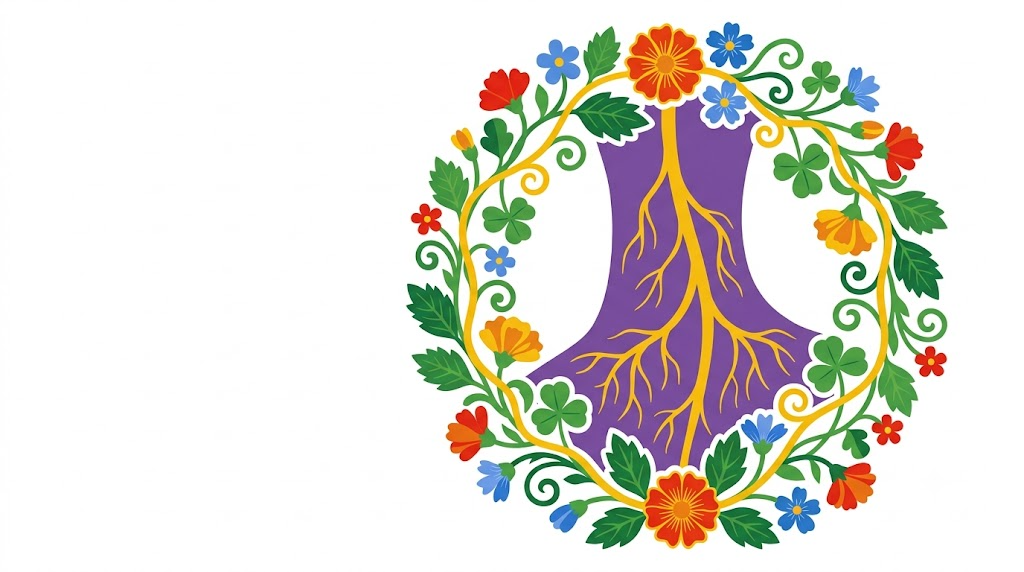 A flat folk-art vector illustration of the vagus nerve running down the side of the neck, encircled by a wreath of stylised flowers and leaves.