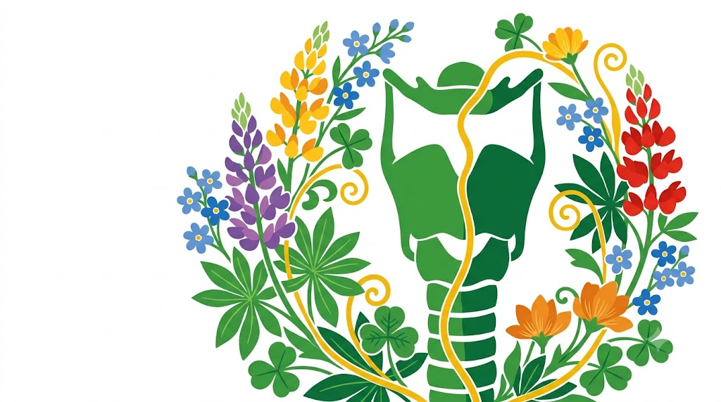 A flat folk-art vector illustration of a human larynx encircled by a wreath of stylised flowers on white.
