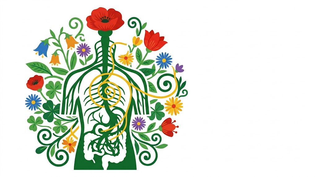 A flat folk-art vector silhouette of a torso and vagus nerve with bellflowers and asters behind it.