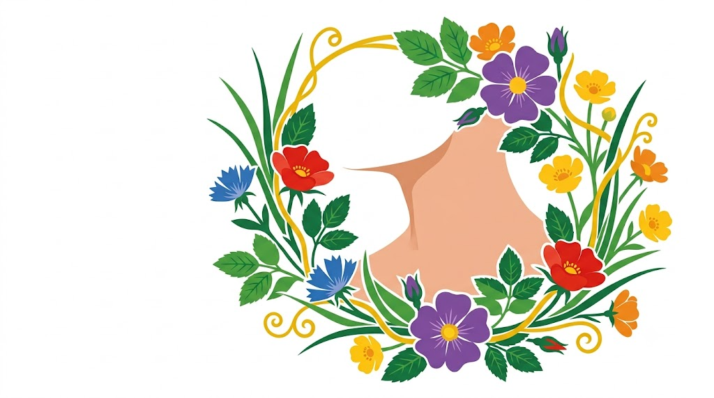 Flat vector illustration of a neck in profile surrounded by folk-art blooms and foliage.