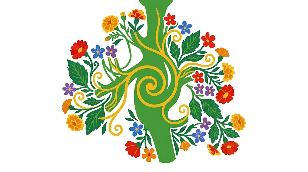 A flat folk-art vector illustration of a thick branching vagus nerve with stylised flowers, leaves and golden vines on a white background.