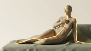 A sculpted matte clay human figure reclining on draped fabric with a bright continuous golden line tracing its full length.
