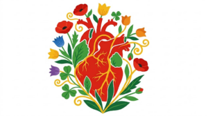 A flat vector illustration of a human heart with folk-art flowers climbing around it on white.