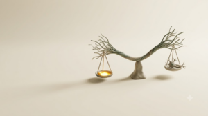 Small clay scales made of frayed nerve fibres resting near balance, one pan holding a shallow pool of molten golden light.