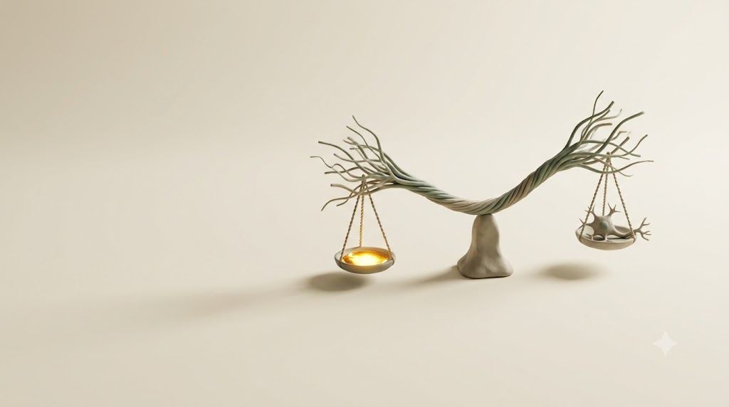 Small clay scales made of frayed nerve fibres resting near balance, one pan holding a shallow pool of molten golden light.