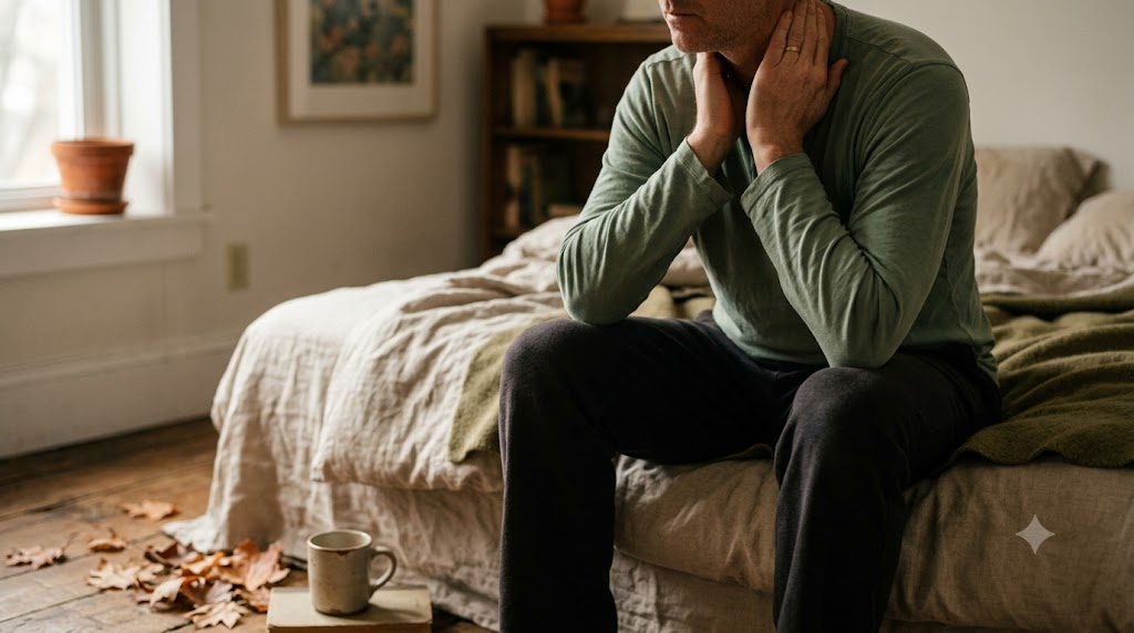 A person sitting on the edge of a bed rubbing the back of their neck
