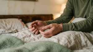 A close view of a pair of hands slowly unclenching on rumpled bed linen in warm lamplight.