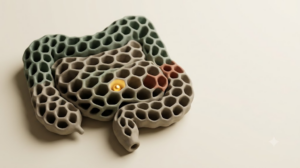 A soft matte clay render of a small intestine formed as a honeycomb of shallow open cells, with a single bright golden light element.