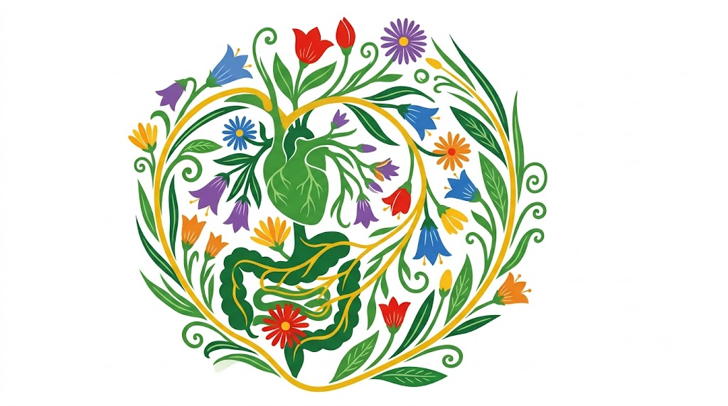A flat folk-art vector illustration of the vagus nerve branching towards the heart and gut, framed by stylised flowers on white.