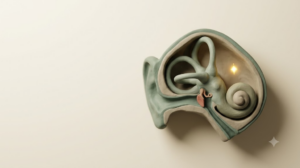 Overhead clay cross-section of an inner ear with sage spiral canals and a terracotta accent, beside a single golden spark.