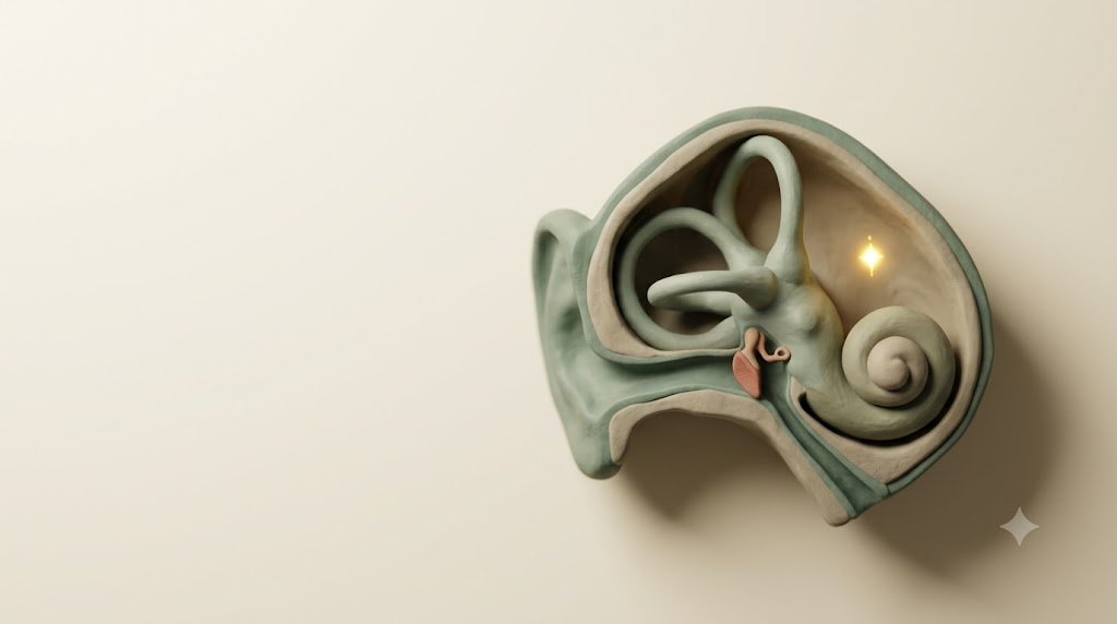 Overhead clay cross-section of an inner ear with sage spiral canals and a terracotta accent, beside a single golden spark.