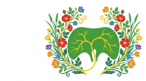 A flat folk-art vector illustration of a human diaphragm between mirrored sprays of wild roses, buttercups and grasses.