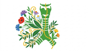A flat folk-art vector illustration of a human windpipe and larynx surrounded by stylised flowers, leaves and curling vines on white.