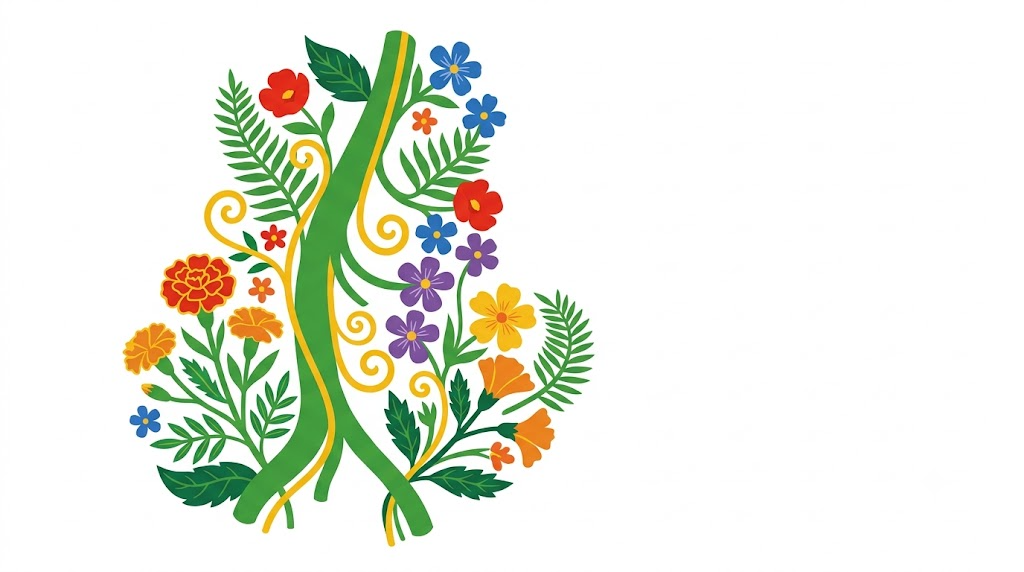 A flat folk-art vector illustration of the vagus nerve with marigolds, blossoms and ferns climbing around it on white.
