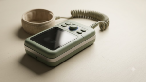 A small handheld nerve stimulator with a dark screen and a coiled cable, resting on a plain pale surface beside a woven cuff.