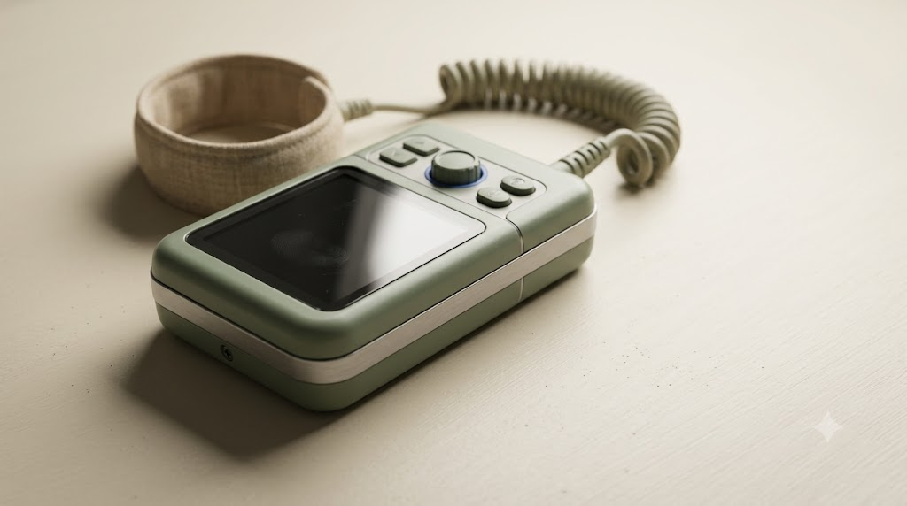 A small handheld nerve stimulator with a dark screen and a coiled cable, resting on a plain pale surface beside a woven cuff.