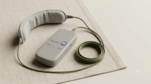 A plain unbranded handheld nerve stimulator with a soft neck electrode pad and coiled cable on a linen surface.