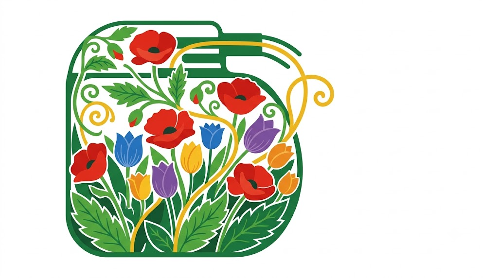 A flat folk-art vector illustration of a small implantable nerve stimulator device among stylised flowers and curling vines on a white background.