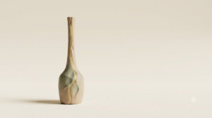 Wide shot of a small tall clay vessel with a slender neck in sage and putty tones, traced by a single bright golden thread.