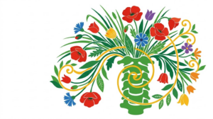 A flat folk-art vector illustration of a human cervical spine with poppies, tulips and grasses arching over it.