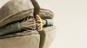 Clay hollow sphere split along a seam with a pinched sage-green cord inside, bridged by a bright golden arc of light.