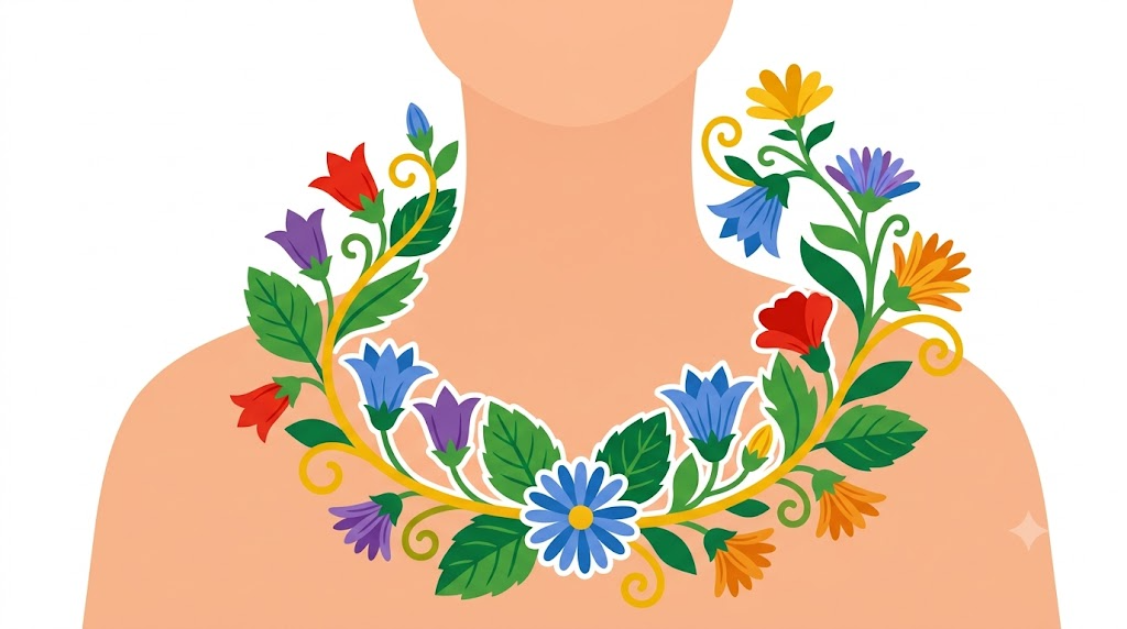 A flat folk-art vector illustration of a human neck encircled by a wreath of bellflowers and asters.