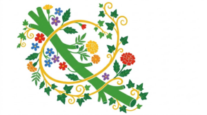 A flat folk-art vector illustration of a human vagus nerve among stylised flowers and curling vines on a white background.