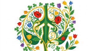 A flat folk-art vector illustration of a branching vagus nerve with poppies, tulips and clover winding around it.