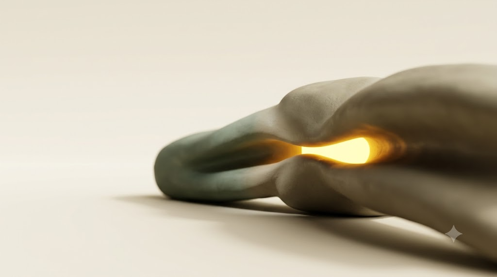 Smooth clay stone in sage and putty worn through by a channel, with a luminous golden core glowing from inside the gap.