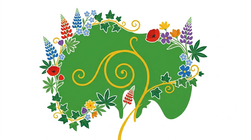 A flat folk-art vector illustration of a human diaphragm framed by stylised flowers, leaves and curling vines on white.