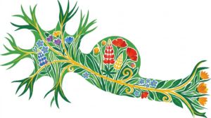 A flat folk-art illustration of a nerve with a rounded tumour growth on it, its interior filled edge to edge with lupins and forget me nots like a stained glass panel.