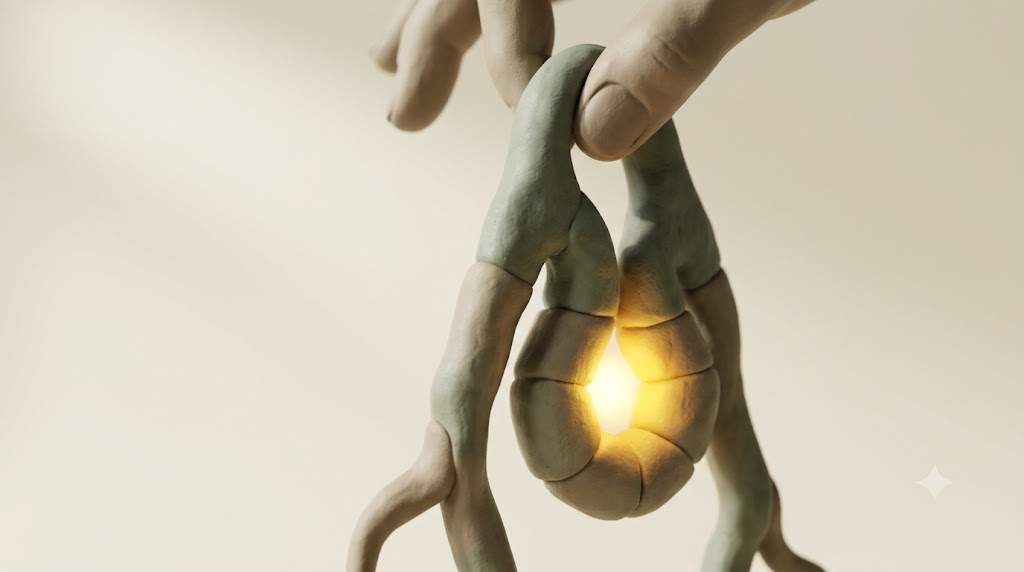 A sculpted matte clay slack, drooping nerve cord, marked by one bright golden light element.