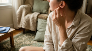 A person reaching up to touch a small hoop piercing in the inner fold of their ear, seated on a worn rug in soft side light.