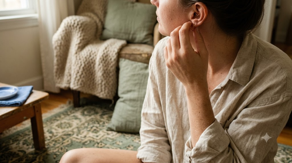 A person reaching up to touch a small hoop piercing in the inner fold of their ear, seated on a worn rug in soft side light.