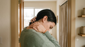 A person tilting their head to show a small hoop in the inner cartilage of their ear, photographed in soft natural light.