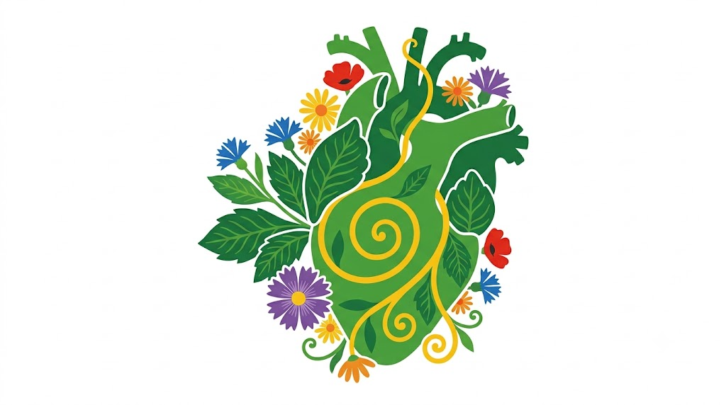 Flat vector folk-art illustration of an anatomical human heart wrapped in a golden vine with stylised flowers on a white background.