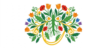 A flat vector folk-art illustration of a human vagus nerve with a spray of stylised poppies and tulips on a white background.