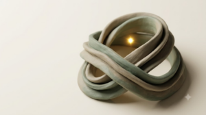 Clay ribbon of sage and putty folded and looped through itself, with a single bright golden spark held at its centre.
